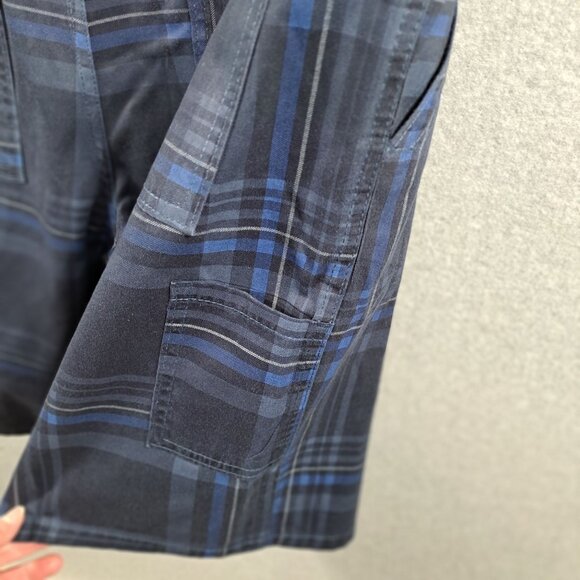 OP Ocean Pacific Mens 34-36 Black Blue Plaid 100% Cotton Casual Shorts Zip Flat - Picture 8 of 10